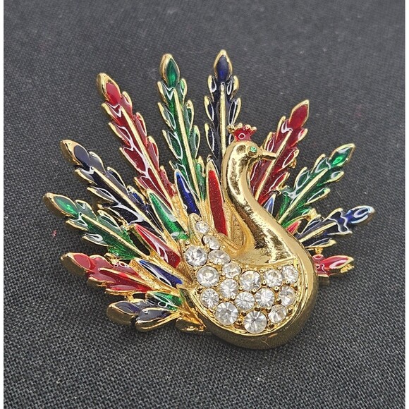 Vintage Peacock Bird Brooch - Pin Enamel Rhinestone Gold Tone Accent 1.5" - Picture 3 of 4